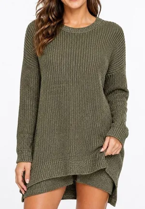Women's Olive Green Knit Sweater Dress M Cotton Blend Long Sleeve High Low Hem thumbnail 1