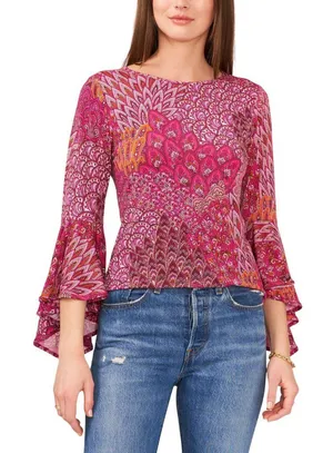 NWT Prelude Womens Knit Bell-Sleeve Top Pink Peacock M thumbnail 1