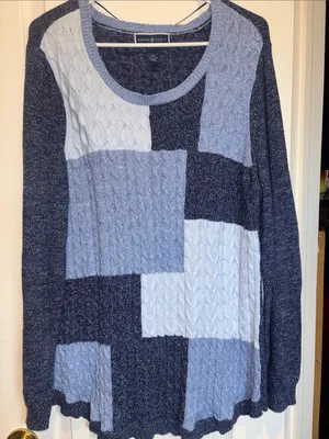 Kendra Scott Patchwork Shades Of Blue Cotton Sweater Scoop Neck Xxl Oversized thumbnail 1