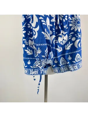 NWOT John Mark Linen Blend Floral Smocked Sleeves Top Blouse Shirt Blue Size M thumbnail 5