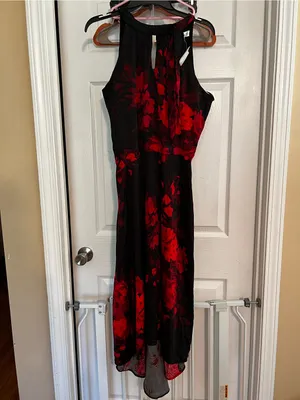Chetta B Black Dress with Red Floral Print - High-Low Halter thumbnail 2