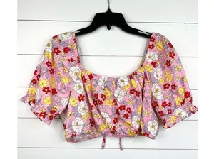 Vero Moda Pink Floral Print Puff Sleeve Tie Front Crop Blouse Size XL thumbnail 3