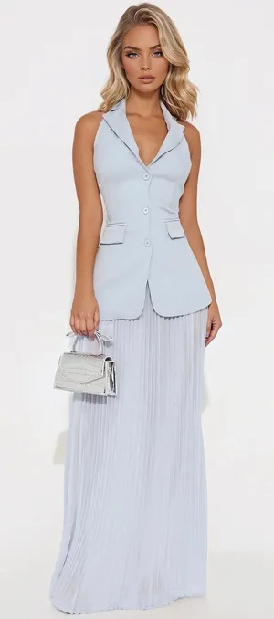 Sleeveless Light Blue Pleated Maxi Skirt thumbnail 1