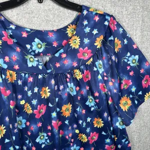 Vintage Plus Size 1X Womens Top MuuMuu Shirt Peasant Hawaiian Floral‎ Boho Blue thumbnail 3