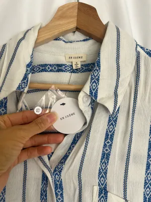 En Crême Blue & White Vertical Stripe Button-Down Shirt thumbnail 3