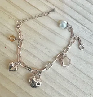 Rose Gold-Tone Charm Bracelet with Hearts, faux Pearl & Carved Rose thumbnail 1