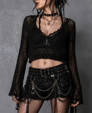 Superdown Whimsigoth Crochet Open Knit Crop Top XS Black Y2K Festival Rave Goth thumbnail 1