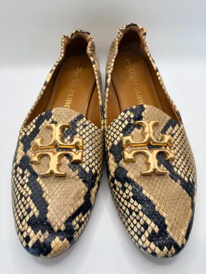 Tory Burch Eleanor Women’s 9M Snake Print Leather Loafers Gold Logo Quiet Luxury thumbnail 5