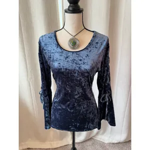 Liquid by Sioni Velvet Top Women Small Blue Stretch Tie Bell Sleeve Keyhole Back thumbnail 2