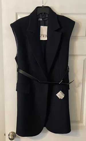 Zara Wool Dress Black Sleeveless size M length 39” bust 34” belt around waist thumbnail 1