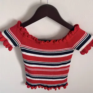 Almost Famous Y2K Striped Off the Shoulder Ribbed Knit Sweater Crop Top thumbnail 9