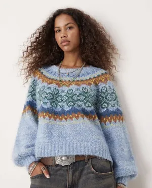 Free People Festive Frost Fair Isle Fuzzy Sweater Small Blue Green Oversized thumbnail 1