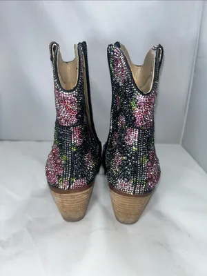 Betsey Johnson Diva Black Crystal Floral Ankle Cowboy Boots Size 6M thumbnail 4