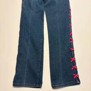 Wrangler Lace Up Jeans Womens 8 Blue Pink Ribbon High Rise Straight Leg USA 0372 thumbnail 3