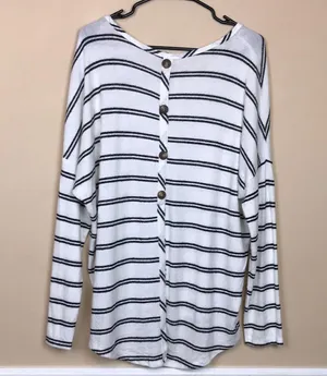 BKE Women’s Striped Fleece White Black Lightweight Buttons Back Sweater thumbnail 5