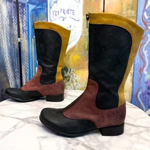 John Fluevog Encourage Kathryn Leather Tall Boots Black Burgundy‎ Yellow 8 GUC thumbnail 4