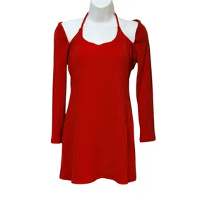 H:ours Red Ribbed Halter Cold Shoulder Long Sleeve Bodycon Mini Dress Small thumbnail 4