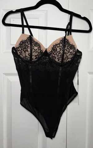 Haute Monde Lace Mesh Bodysuit Womens Size S Black Tan Bustier Y2K Sexy Chic NEW thumbnail 1
