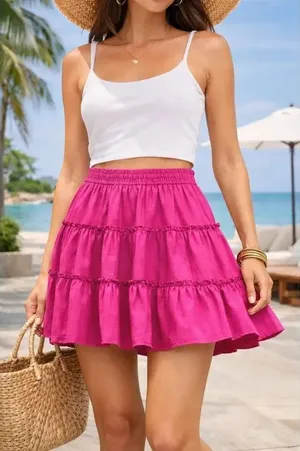 Hill House L Pink Fuchsia Ruffle Tiered Luxury Designer 100% Linen Mini Skirt thumbnail 1
