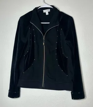 St. John Sport‎ Black Velvet Stretch Zip Up Studded Jacket Small thumbnail 1