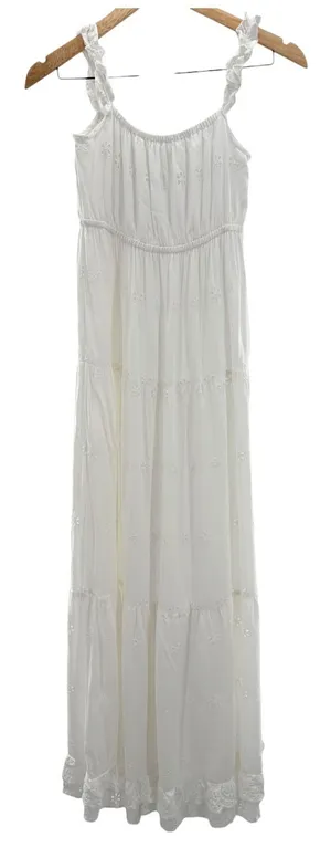 White Eyelet Cotton Embroidered Tiered Maxi Dress Ruffle Strap Boho Cottagecore‎ thumbnail 1