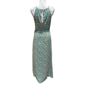 Silk & Salt‎ NWT Teal Floral Halter Maxi Dress Tie Waist Double Slit Medium thumbnail 4
