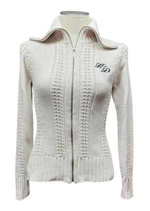 Harley-Davidson Full Zip Shawl Neck Sweater Cream Silver Sparkle Small thumbnail 1