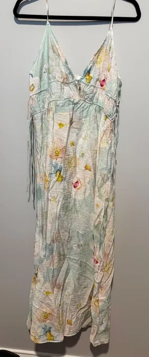HM Floral Maxi Dress Small Blue Watercolor Crinkle Spaghetti Strap V-Neck Tie thumbnail 1