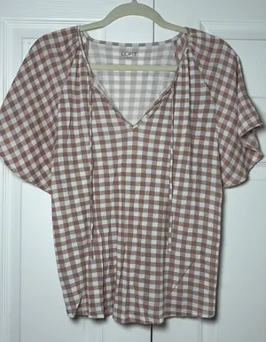 Loft Gingham Flutter Sleeve Top Womens Size L‎ Mauve White Tie Neck Rayon Blouse thumbnail 1