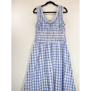 Taelynn Midi Dress Blue Plaid Sleeveless Smocked A Line Flowy Cottagecore Large thumbnail 6