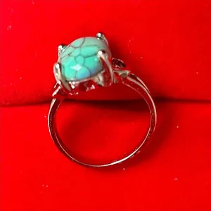 Turquoise Ring Oval Silver Green Stone Bohemian Ring Size 6 thumbnail 3