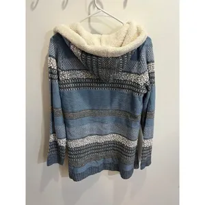 Lety Me Zola NWT Medium Blue Hood Teddy Plush Sherpa Trim Faux Fur Cardigan Fall thumbnail 6