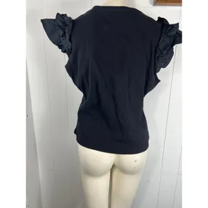 Anthropologie Woven Ruffle Sleeve Top Black Rib Knit Fitted in size XL. NWT. thumbnail 4