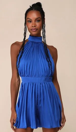 NWT Lulus Seriously Stunning Cerulean Blue Satin Pleated Backless Romper Small thumbnail 1