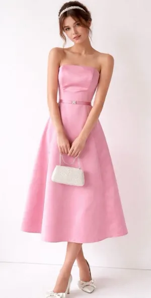 Vintage 90s Michaelangelo Pink Satin Strapless Formal Evening Dress Sz 2 🍄 thumbnail 1