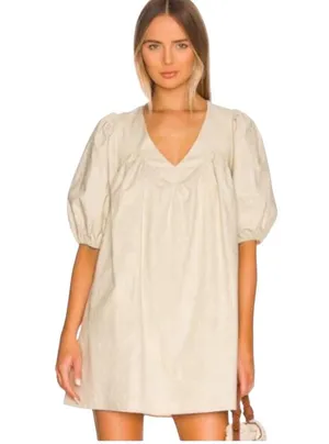 Tularosa - NWT Sydney Mini Sandstone Linen Blend Puff Sleeve Open Back Tie Sz M thumbnail 1