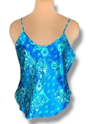 Vintage California Dynasty Blue Floral‎ Satin Scoop Neck Camisole Tank Top Large thumbnail 1