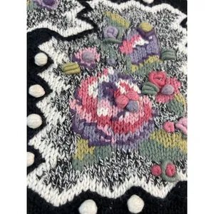 Vtg 90s Grandma Sweater L Black‎ Floral Ramie Cotton Textured Patchwork Cottage thumbnail 11
