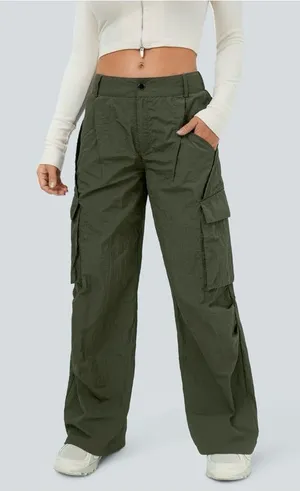 Halara 01HAL.- Mid Rise Button Zipper Side Pocket Wide Leg Baggy Casual Cargo Pants. thumbnail 1