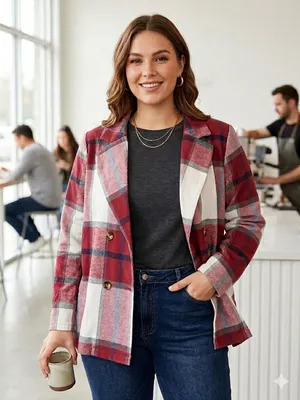BloomChic Plaid Double-Breasted Blazer Jacket Burgundy Red White Size 12 NWT thumbnail 1