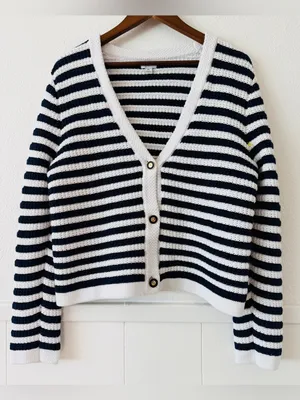 J. Crew Navy and White Striped V-Neck Button Cardigan thumbnail 10