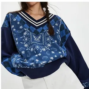 Free People Lucy Sweatshirt navy blue mixedmedia argylebandana print size Small thumbnail 1