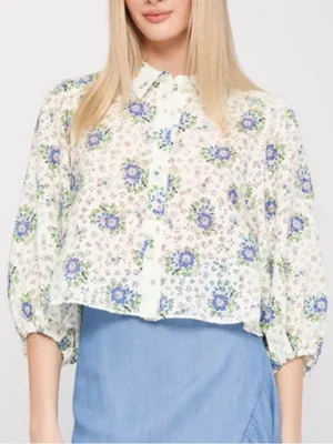 Zara Collared Button-down Balloon Sleeve Crop Blouse Burnout Floral Print size L thumbnail 1