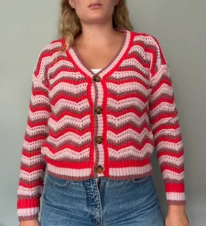 Maurice’s Red Pink Cream Chevron Knit Cardigan Sweater S thumbnail 1