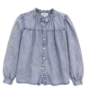 Rails Camille Blouse XS Sapphire Acid Wash Tencel Linen Ruffle Collar Top thumbnail 1
