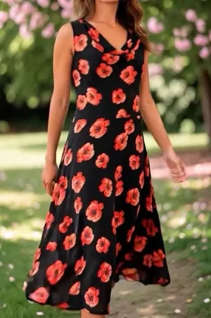 Talbots Coral Poppy Floral Cowl Neck Sleeveless Flare Midi Dress Size 10 thumbnail 1