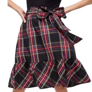 NWT J.Crew Womens Big Bow Ruffle Hem Midi Skirt Black Red Plaid Size 4 Holiday thumbnail 1