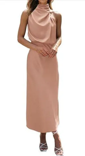 NEW Satin Dress Sleeveless Mock Neck Wedding Guest S thumbnail 1