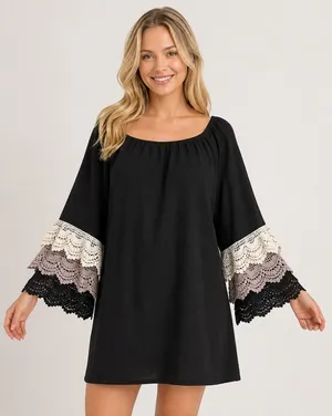 UMGEE USA Women's Large Black Boho Tunic Blouse Crochet Lace Bell Sleeves thumbnail 1