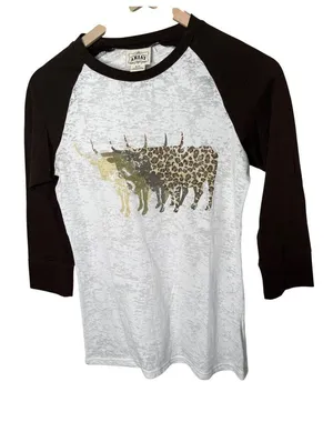 Ariat Womens Small White Brown Raglan Longhorn Western Burnout Graphic T-Shirt thumbnail 1